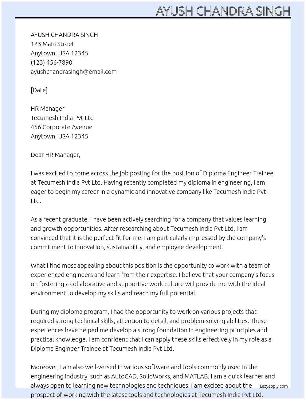 Diploma Engineer Trainee At Tecumesh  India Pvt Ltd Cover Letter