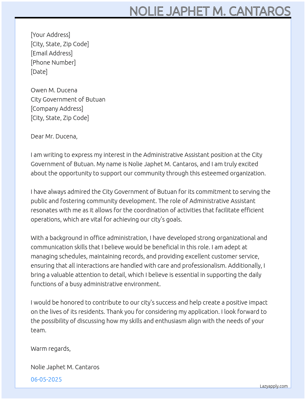 Administrative Assistant  At CITY GOVERNMENT OF BUTUAN Cover Letter