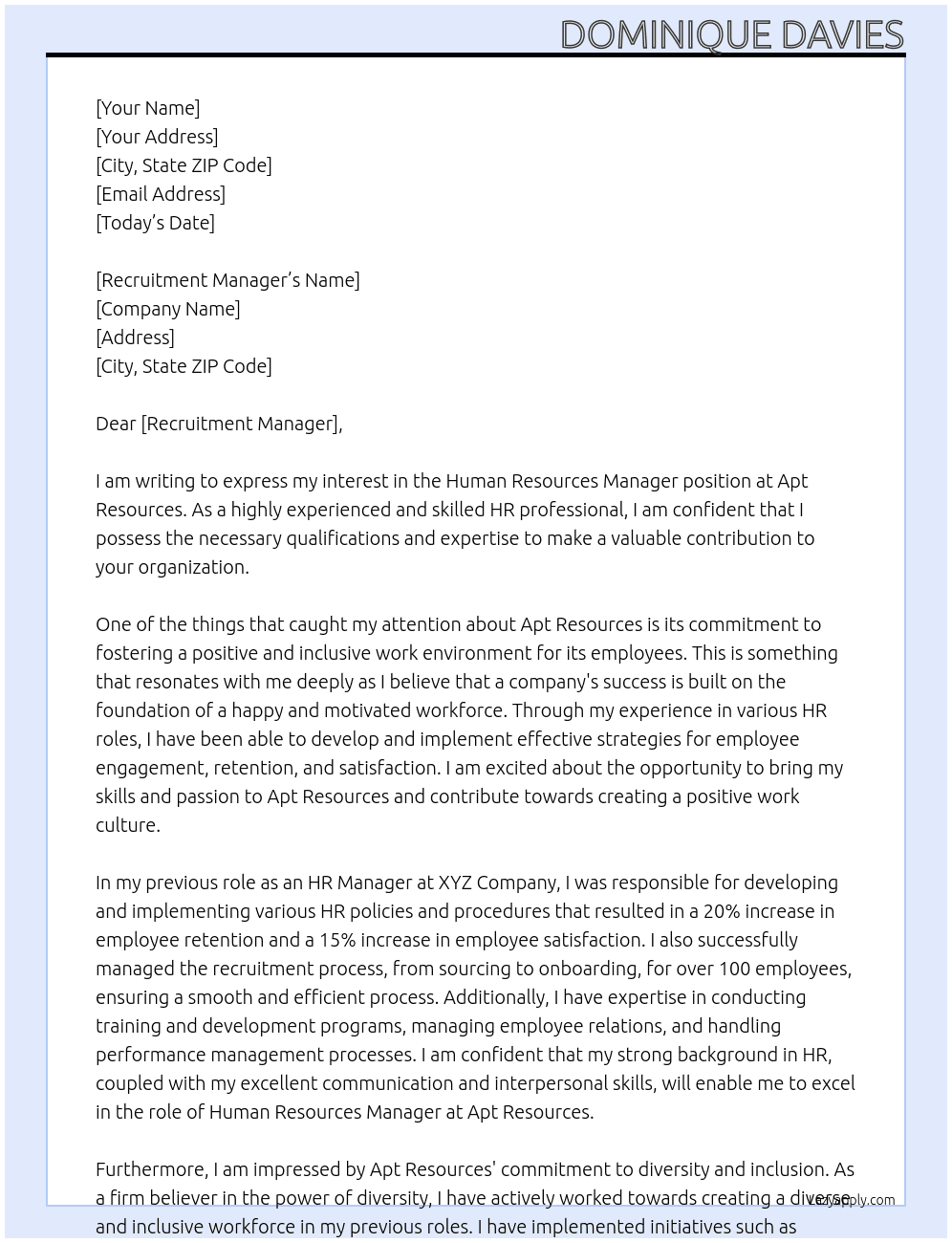 Human Resources Manager At Apt Resources Cover Letter