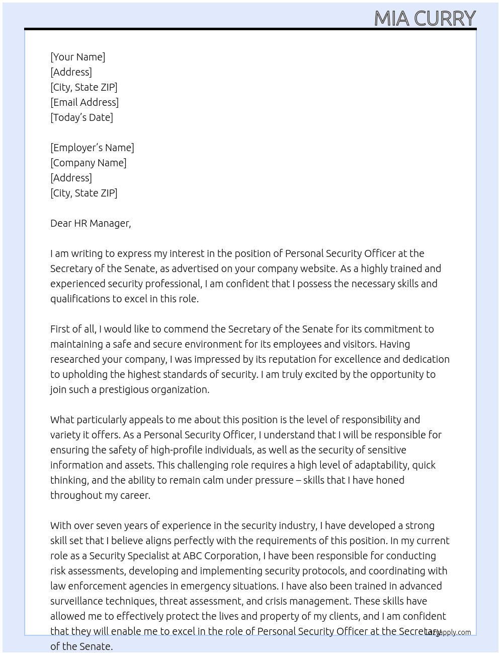 Personal Security Officer At Secretary of the Senate Cover Letter