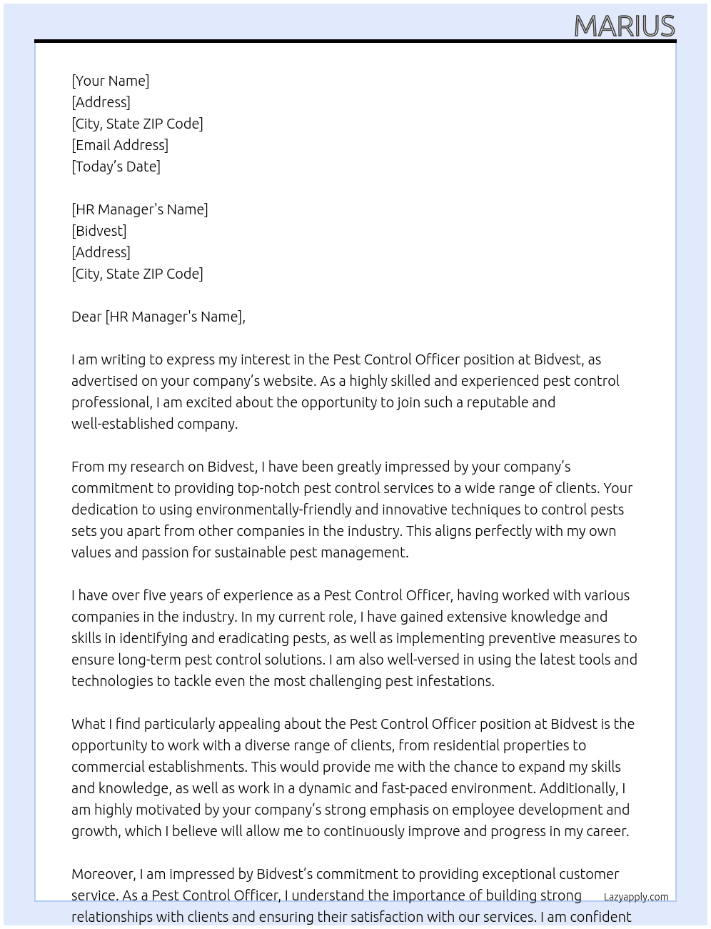 Pest Control Officer At Bidvest Cover Letter