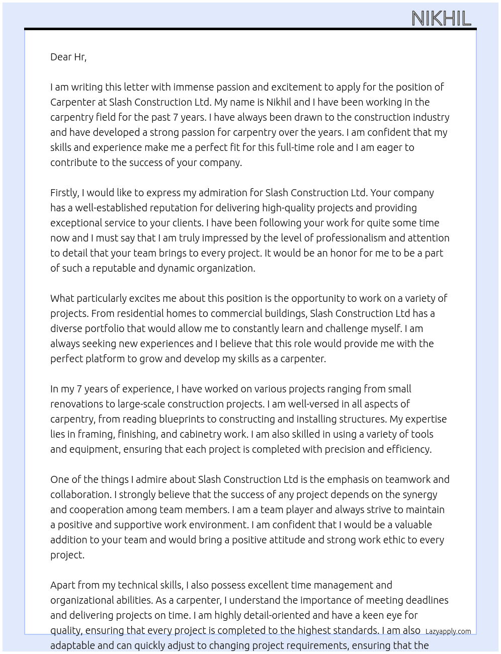 Carpenter  At Slash Construction Ltd  Cover Letter