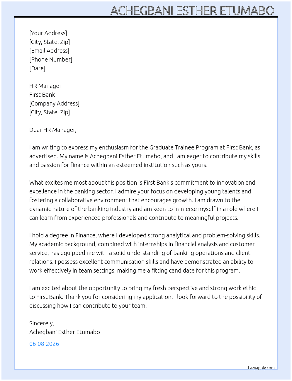 Graduate trainee program  At First Bank  Cover Letter