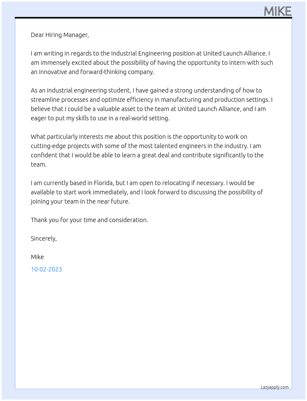 Industrial Engineering  At United Launch Alliance Cover Letter