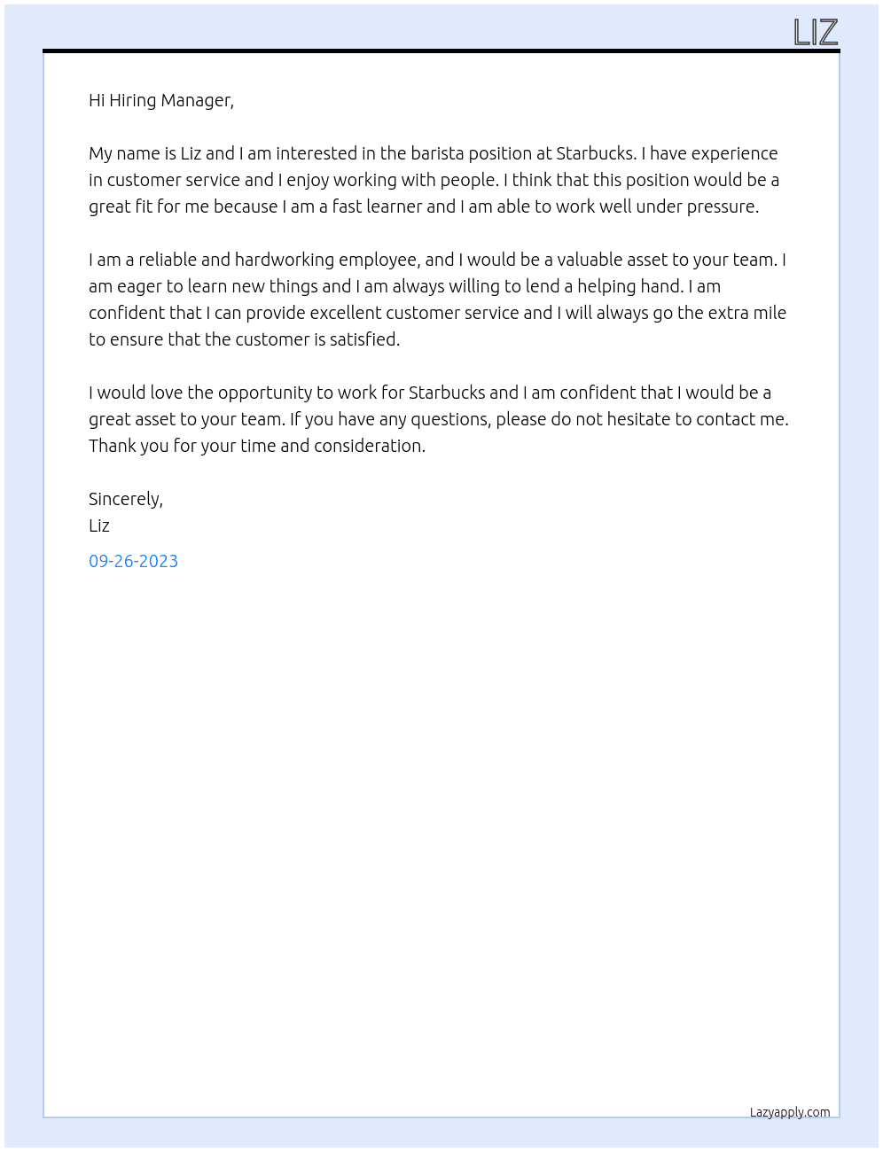 barista At starbucks Cover Letter