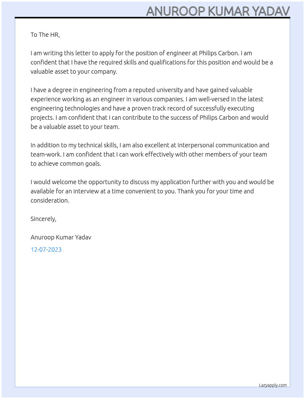 Engineer At Philips Carbon Cover Letter