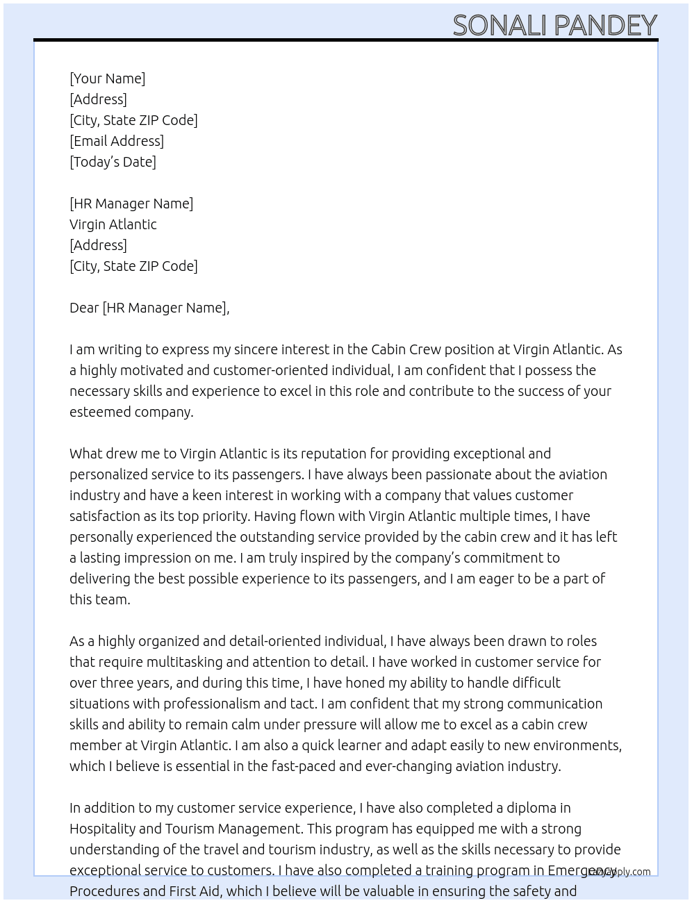 Cabin crew At Virgin Atlantic  Cover Letter
