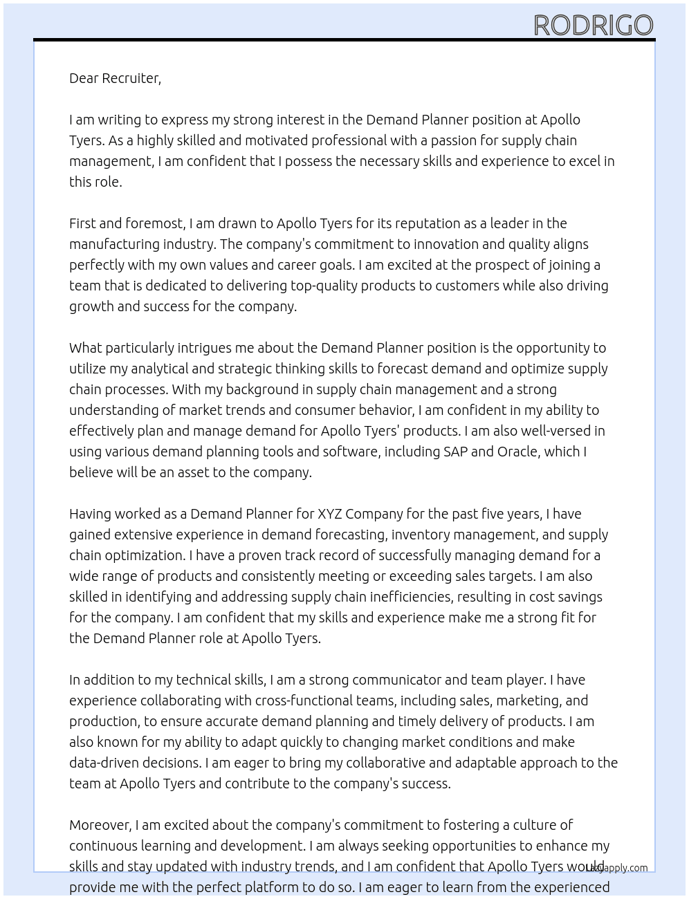 Demand Plannner At Apollo Tyers Cover Letter