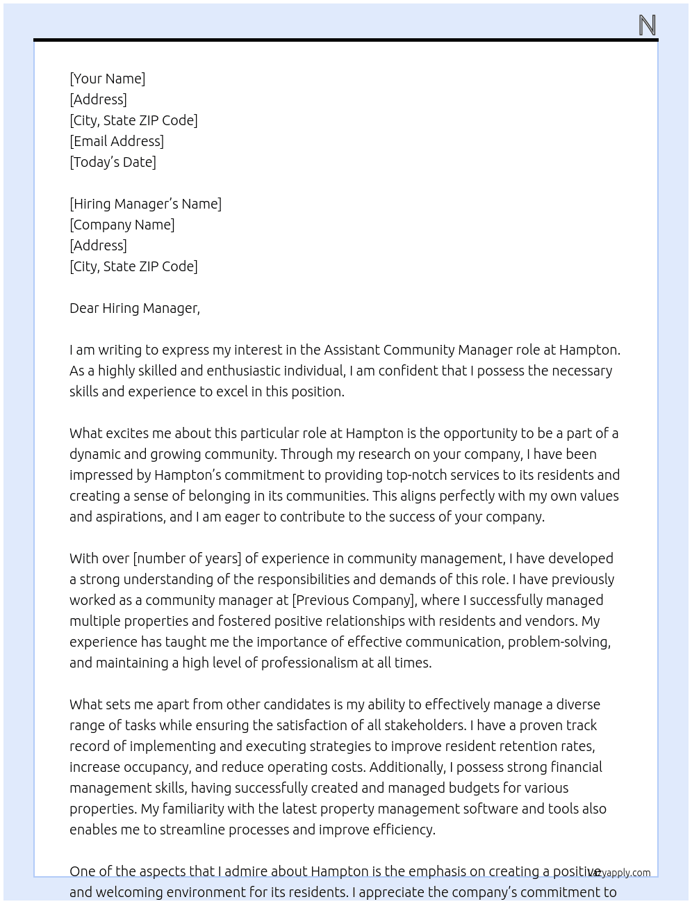 Assistant community manager At Hampton Cover Letter