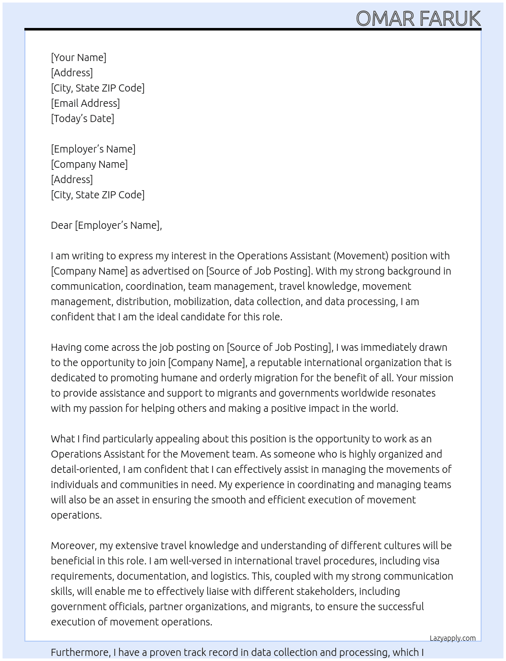 Operations Assistant (Movement) At International Organization for Migration Cover Letter