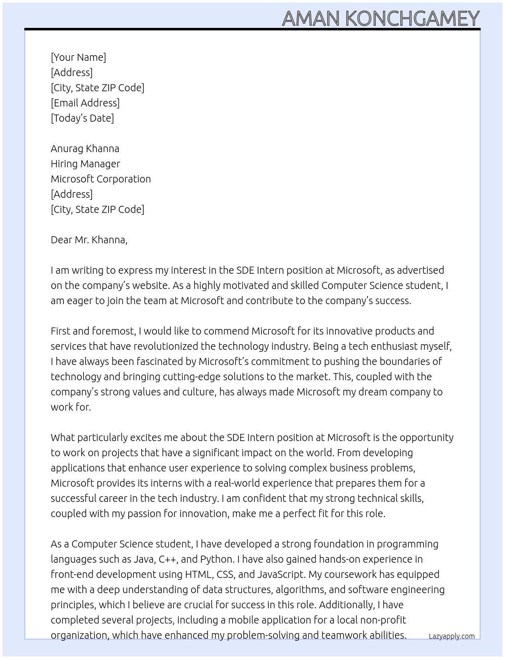 SDE Intern At Microsoft Cover Letter