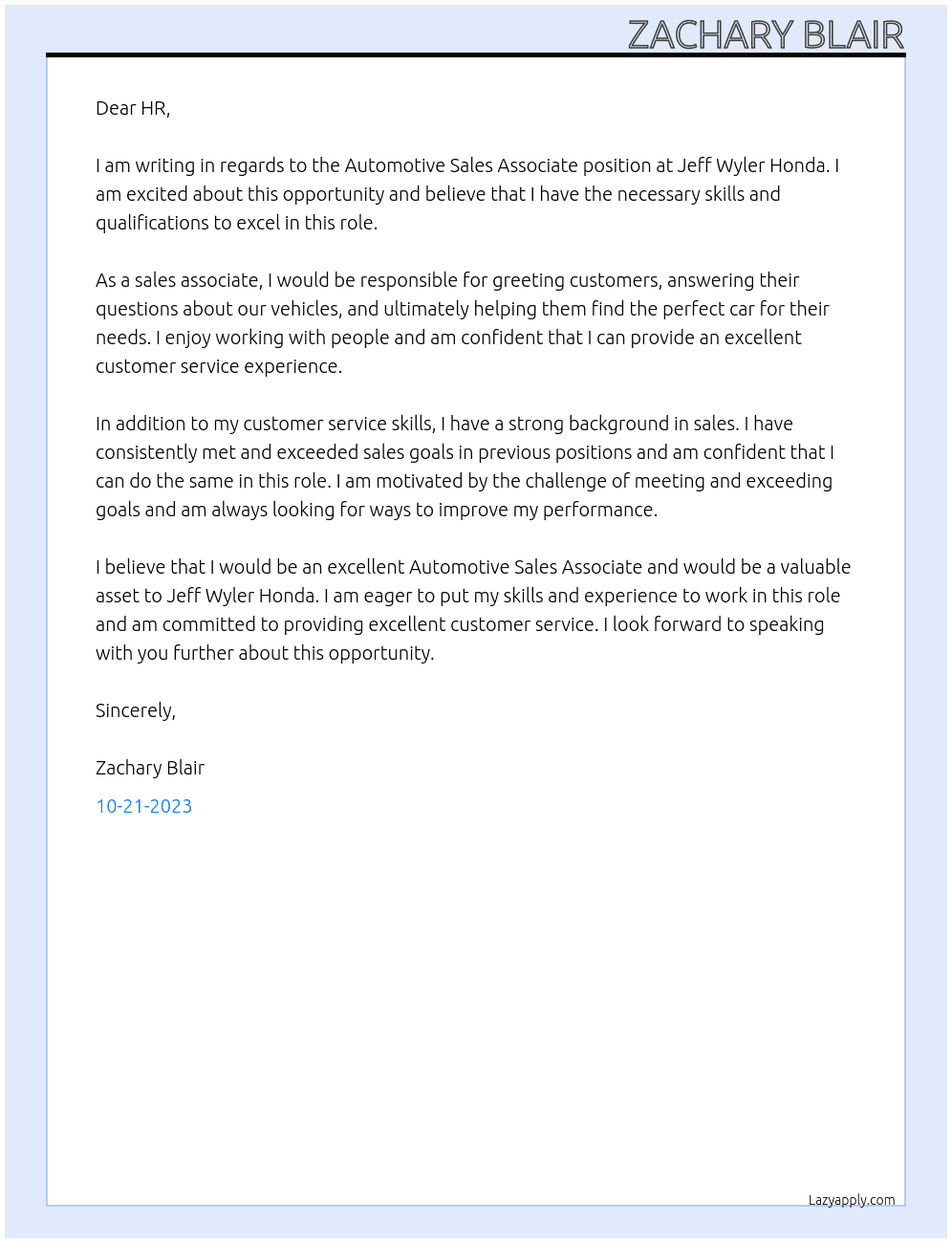 Automotive Sales Associate At Jeff Wyler Honda Cover Letter