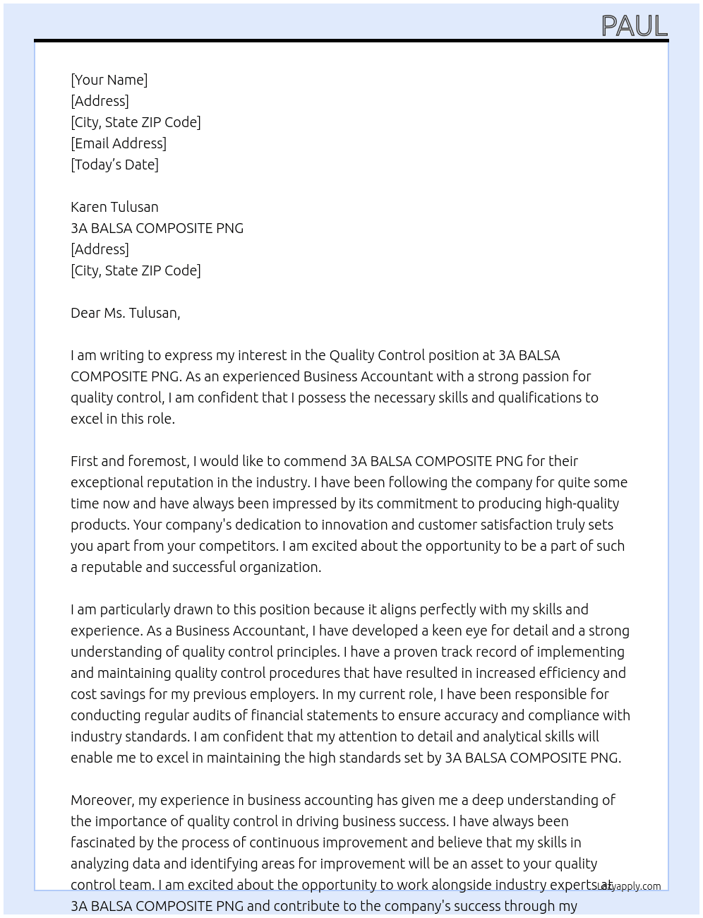 quality control At 3A BALSA COMPOSITE PNG Cover Letter