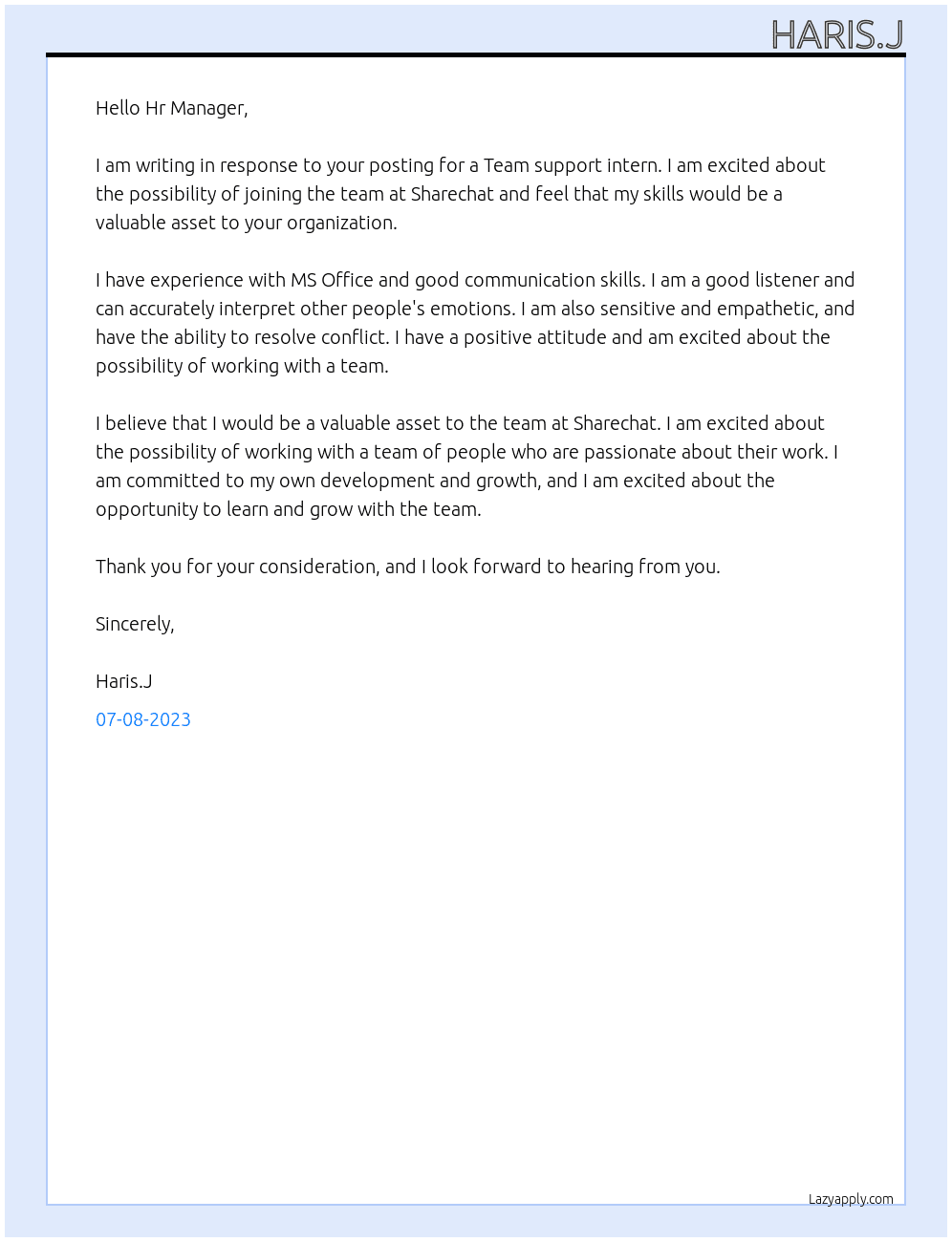 Team support intern  At Sharechat Cover Letter