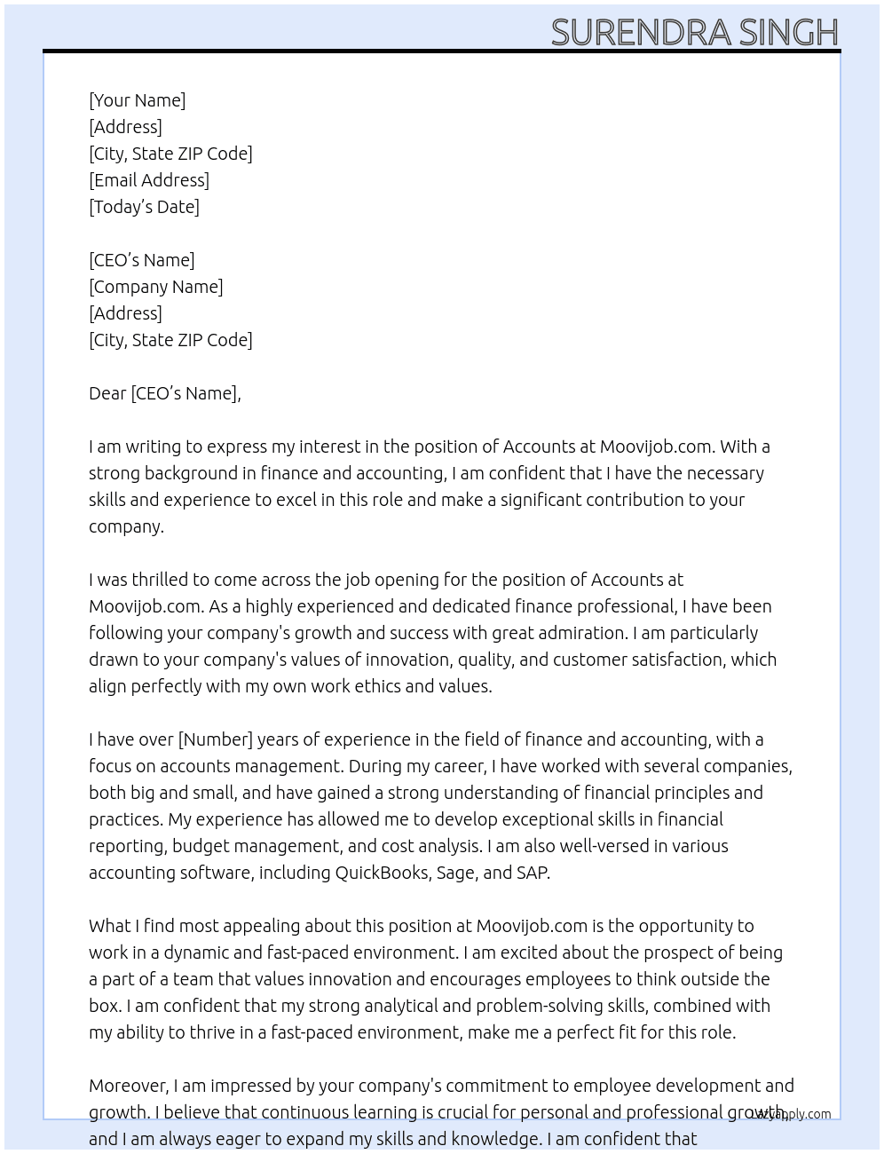 ACCOUNTS At Moovijob.com Cover Letter