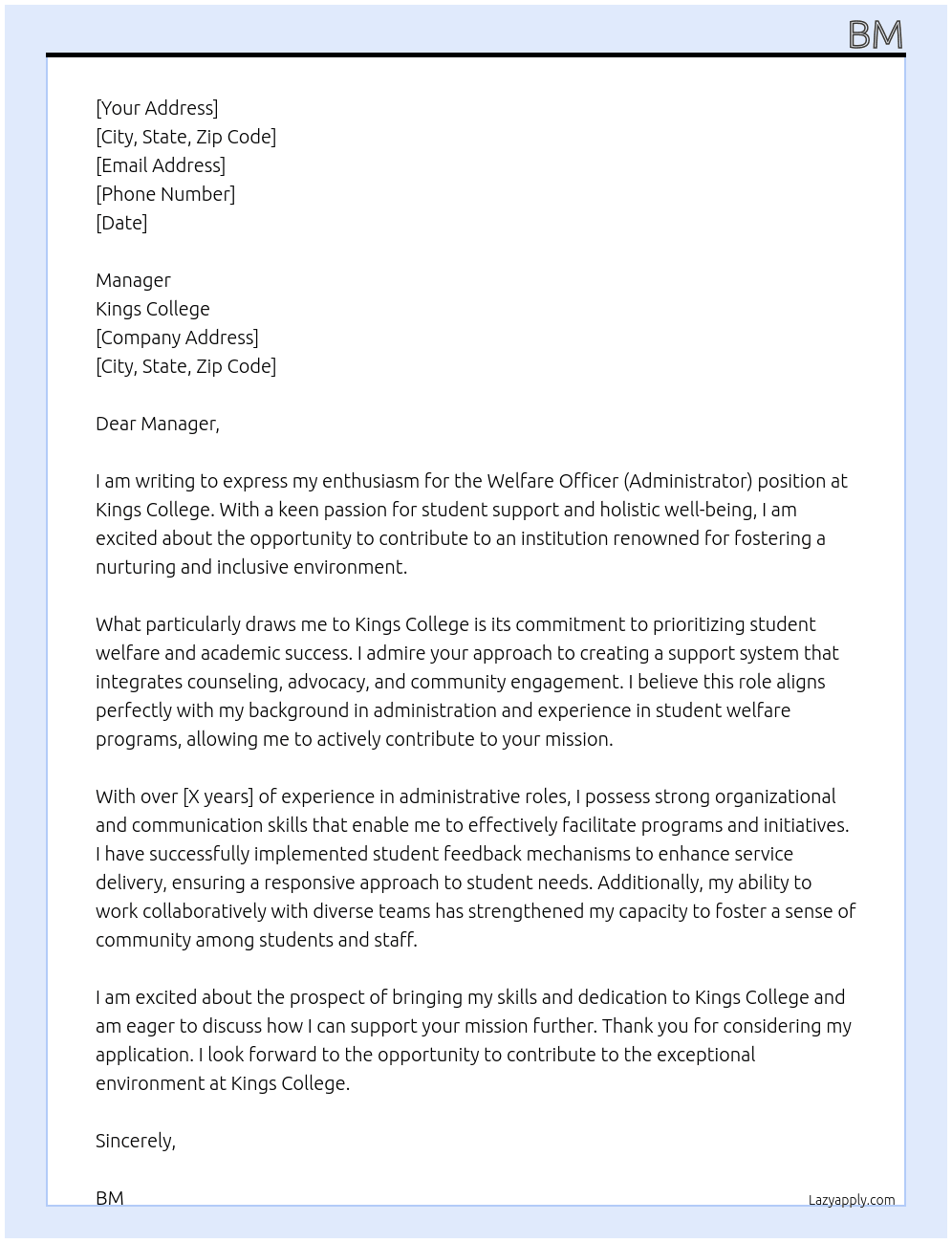 Welfare Officer (Administrator) At Kings College Cover Letter