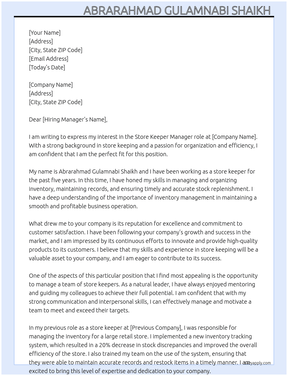 Store keeper  At For any company  Cover Letter