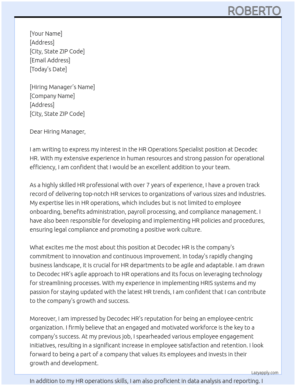 HR Operations Specialist At Decodec HR Cover Letter