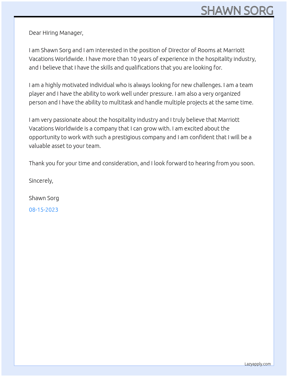 Director of Rooms At Marriott Vacations Worldwide Cover Letter