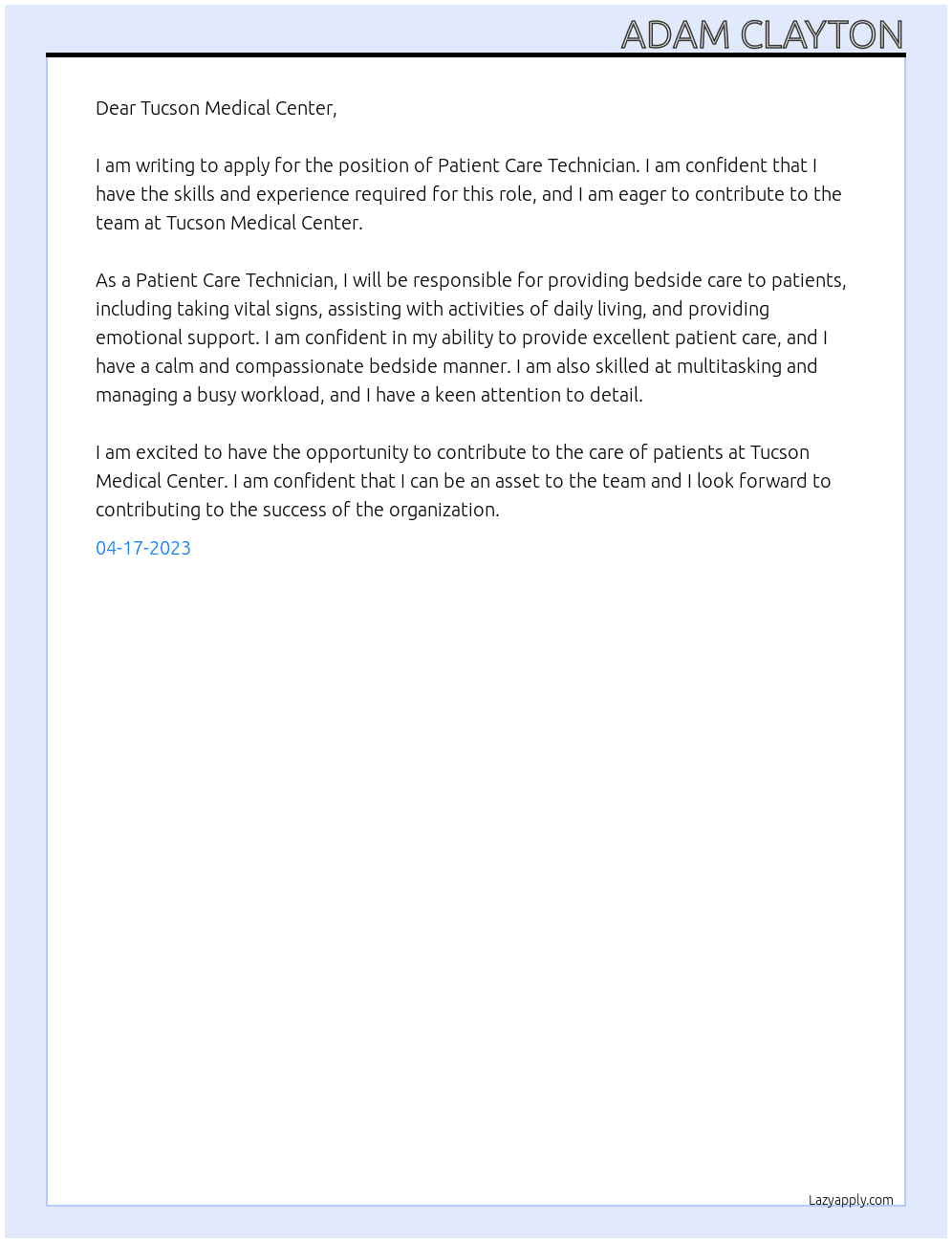 Patient Care Technician At Tucson Medical Center Cover Letter