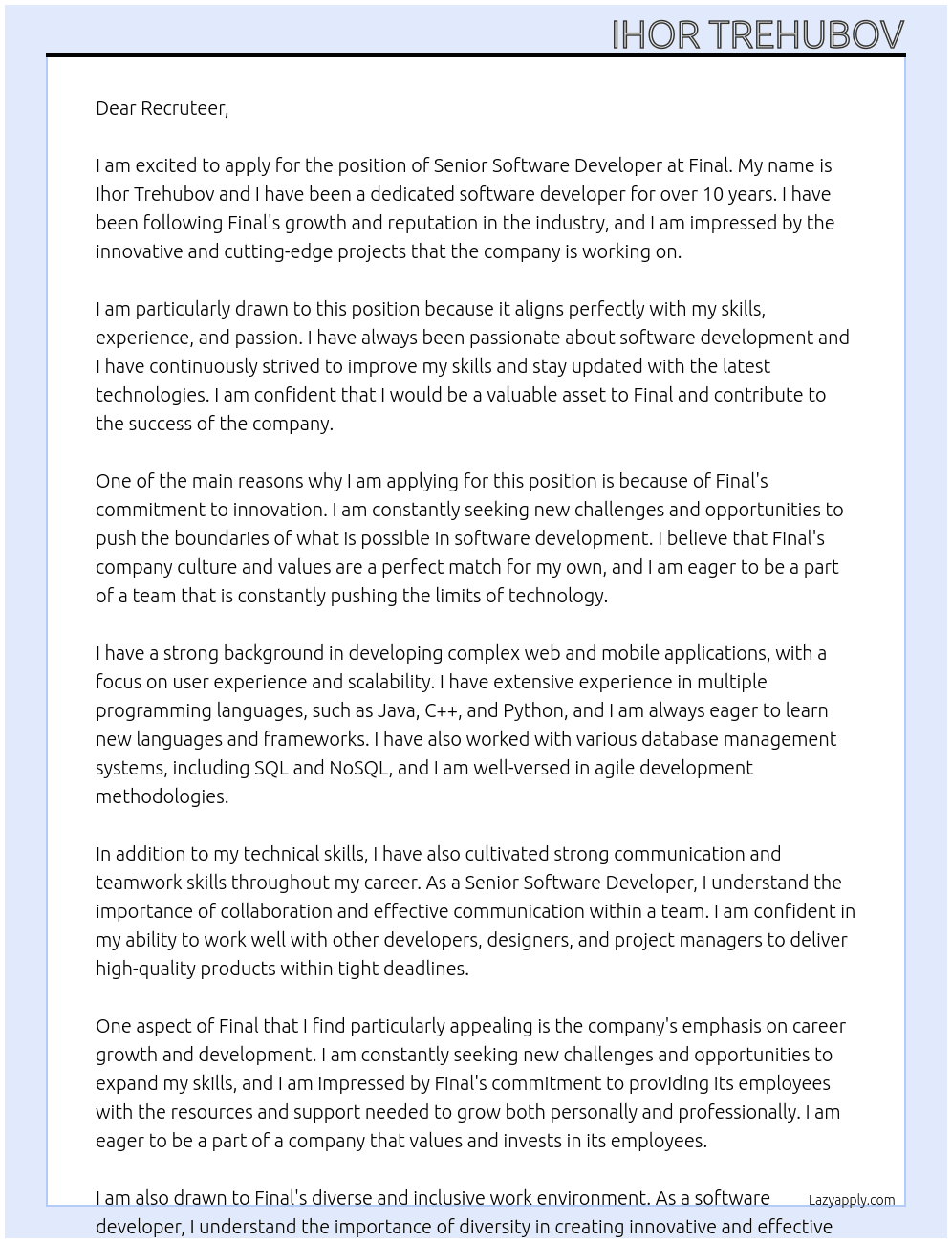 Senior software developer At Final Cover Letter