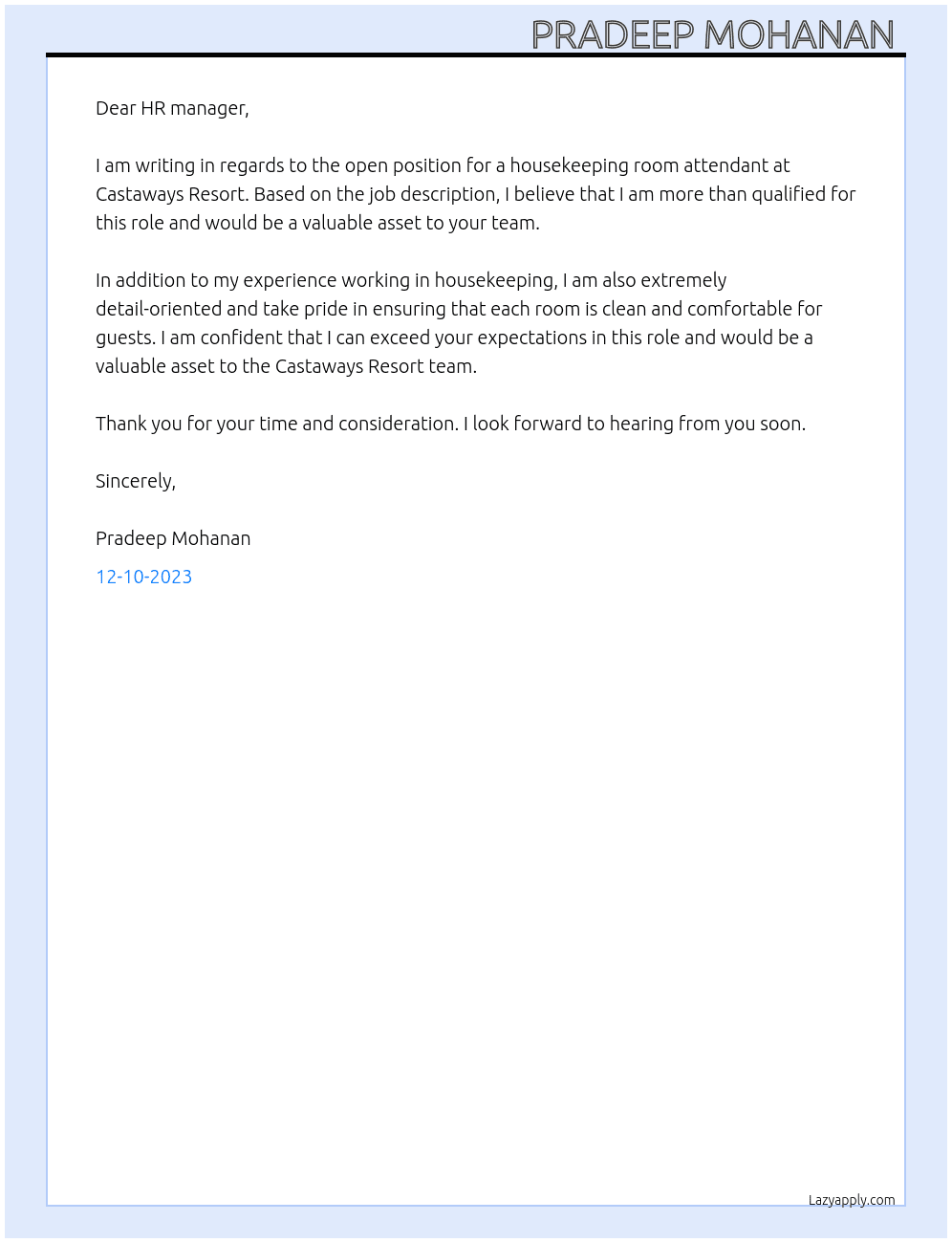 Housekeeping room attendant  At Castaways Resort Cover Letter