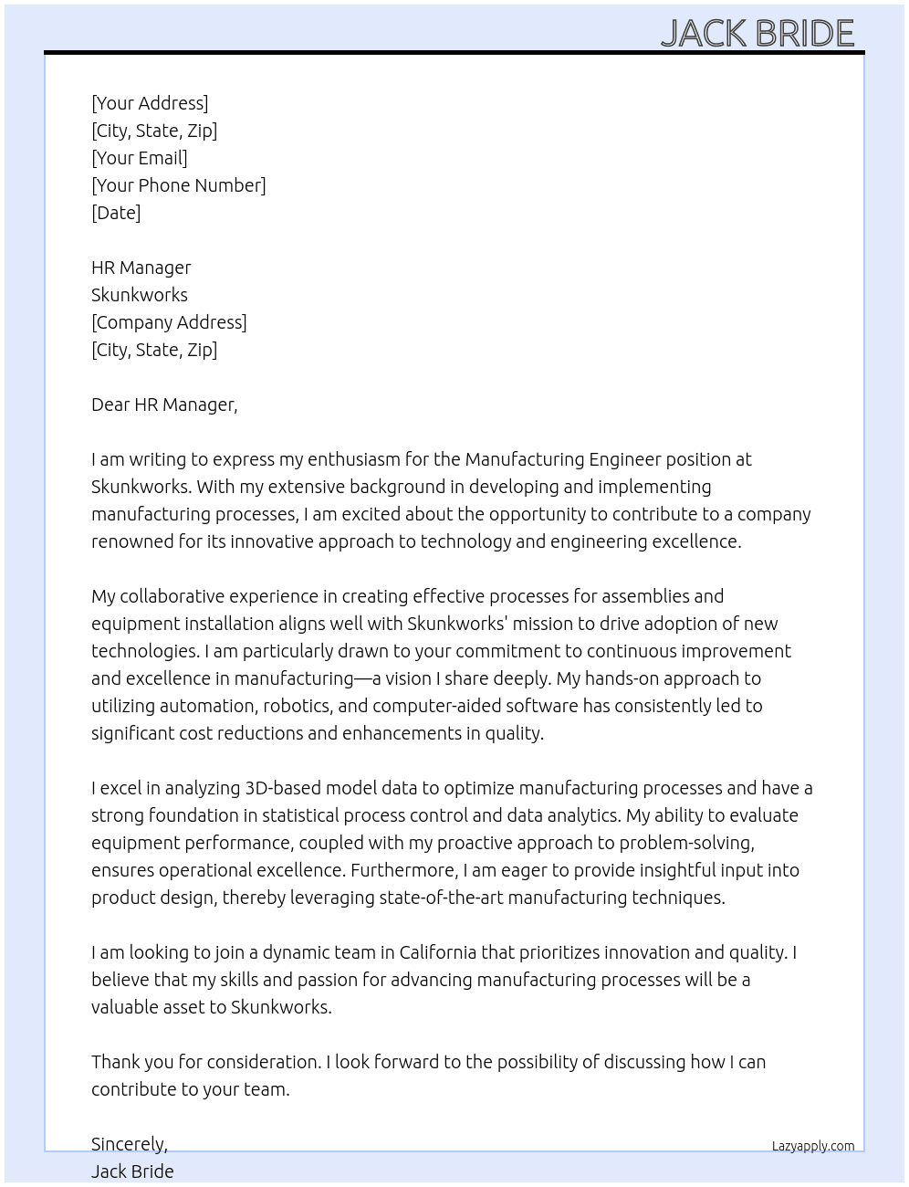 ADP Skunkworks Manufacturing Engineer At Skunkworks  Cover Letter