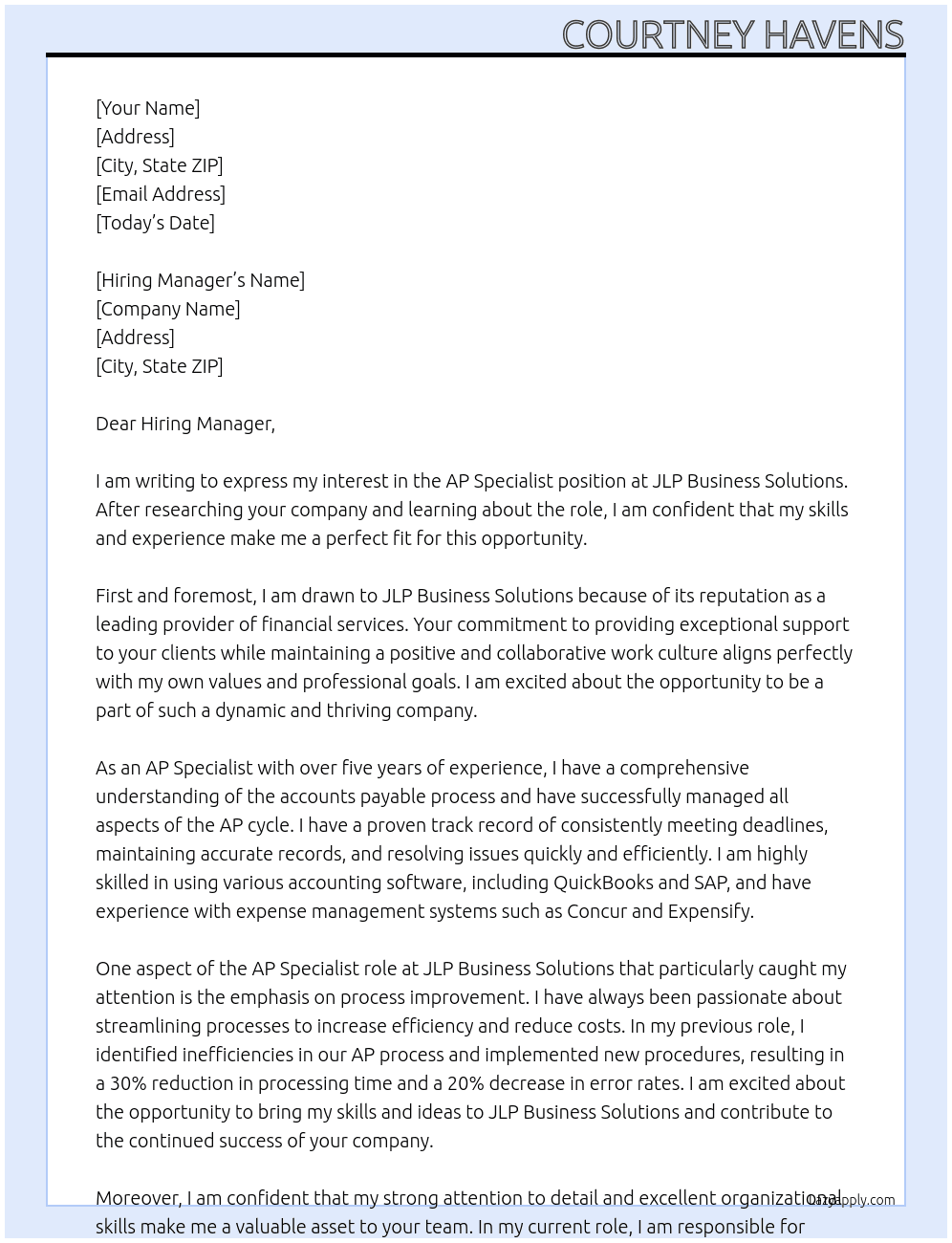 AP Specialist At JLP Business Solutions Cover Letter