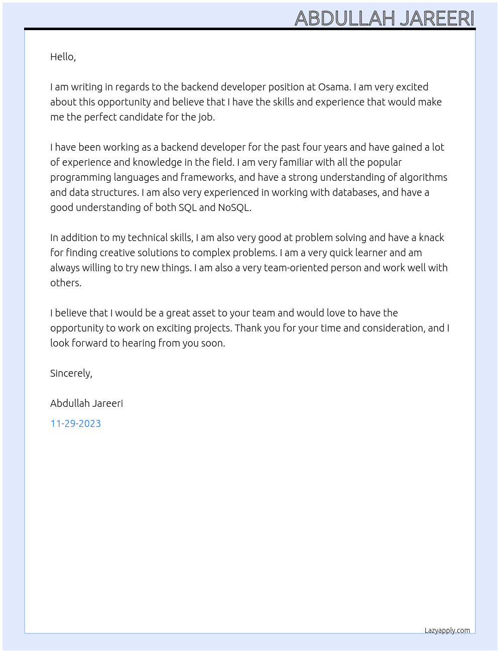 backend devloper At osama Cover Letter