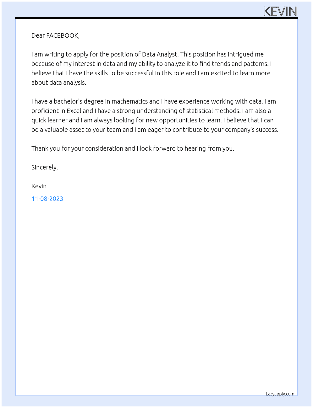 Data Analyst At FACEBOOK Cover Letter
