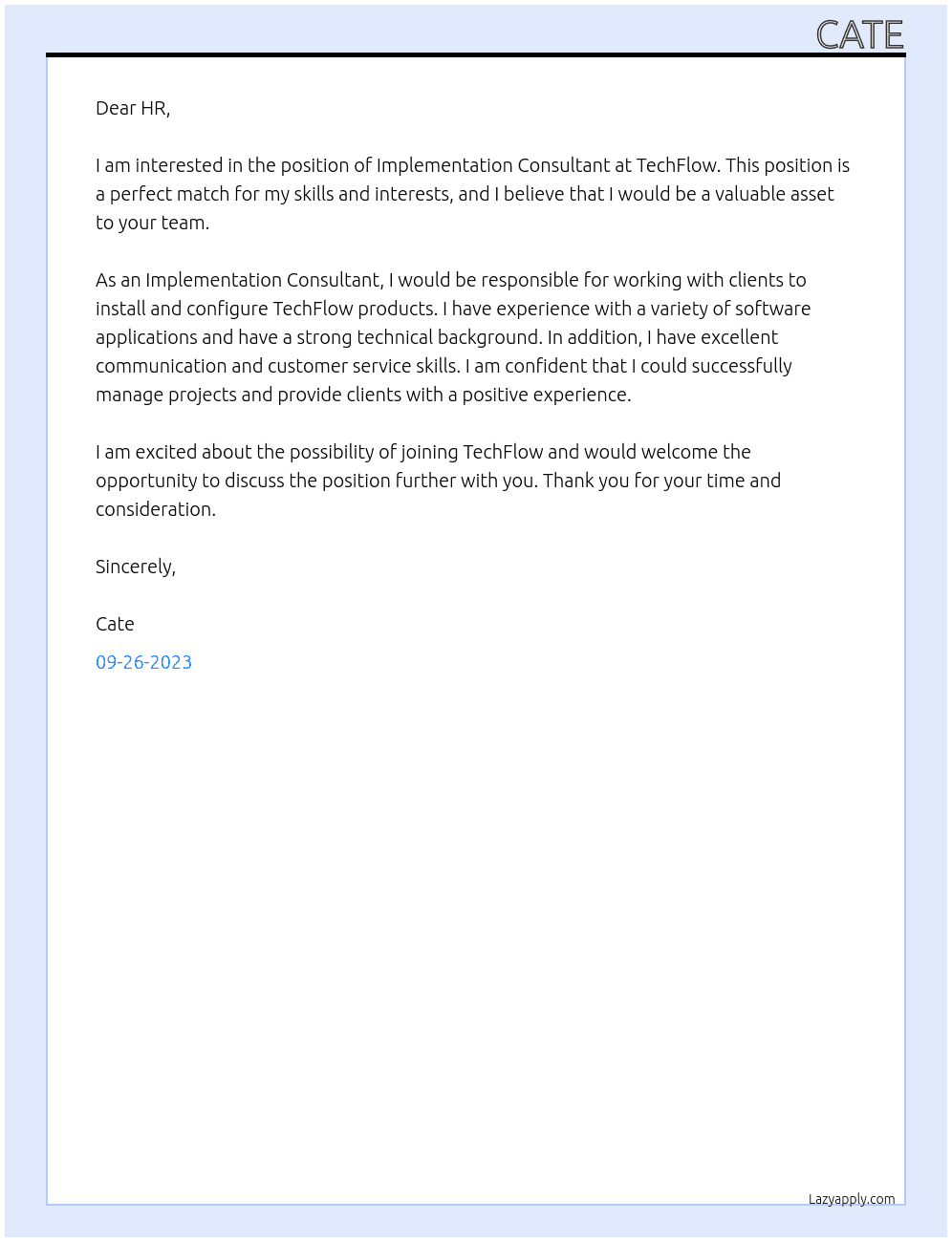 Implementation Consultant At TechFlow Cover Letter
