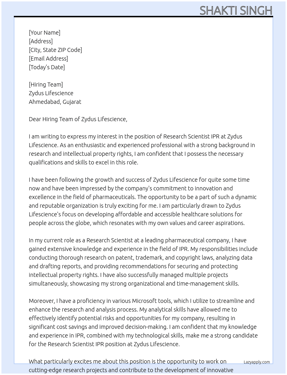Research scientist IPR At Zydus lifescience  Cover Letter