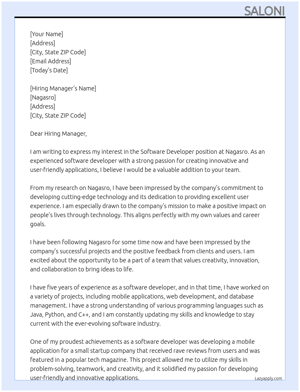 software  developer At nagasro Cover Letter