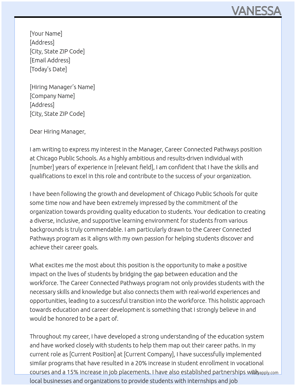 Manager, Career Connected Pathways At chicago public schools Cover Letter