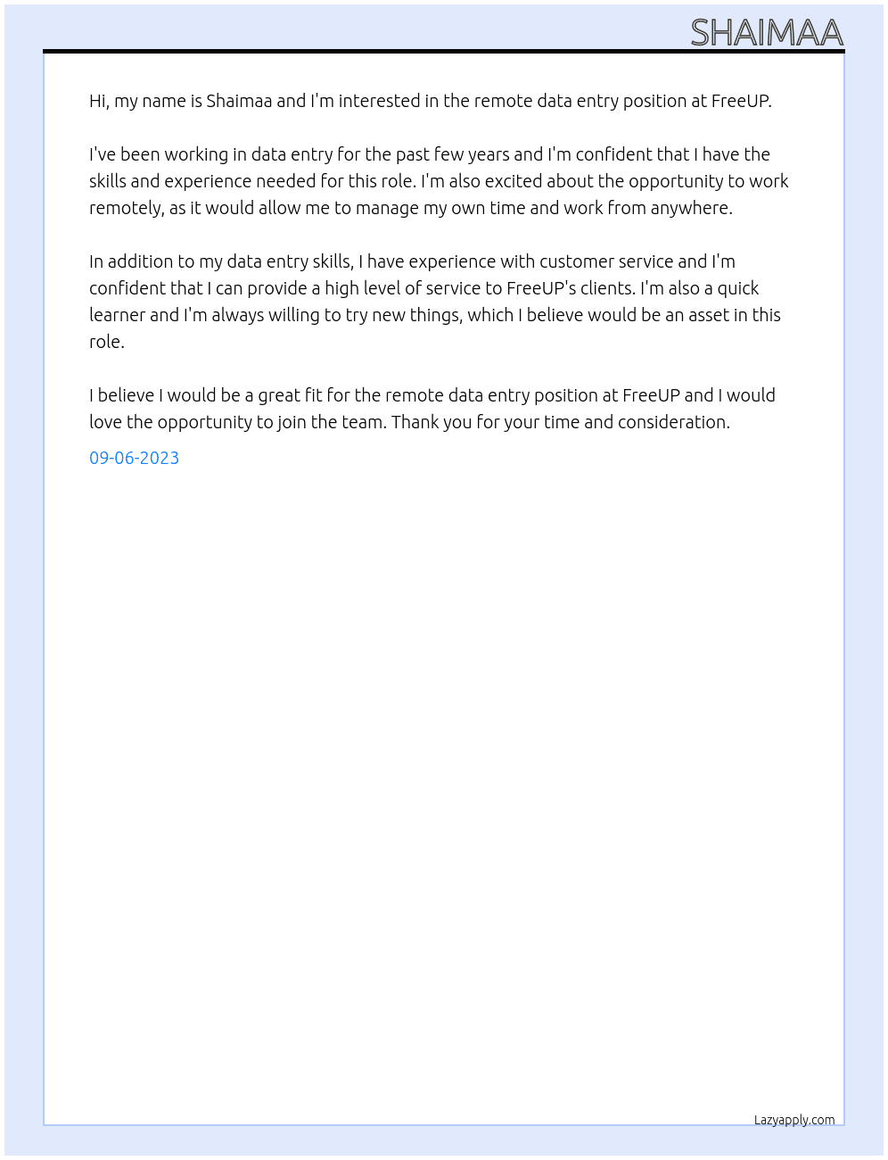 Remote data entry At FreeUP Cover Letter