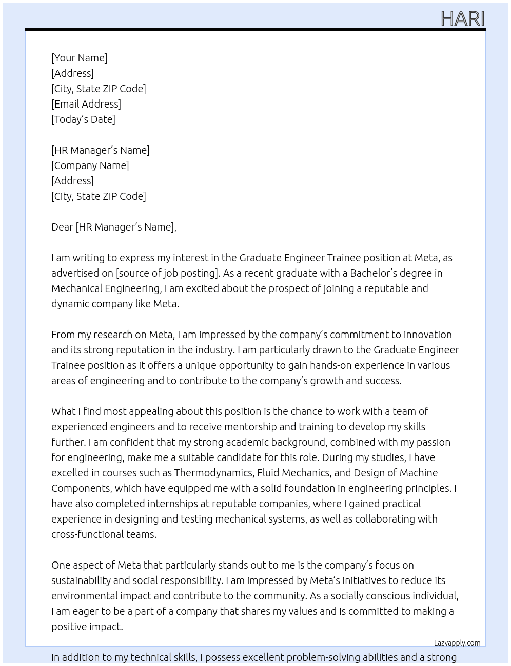 Graduate Engineer Trainee At Meta Cover Letter