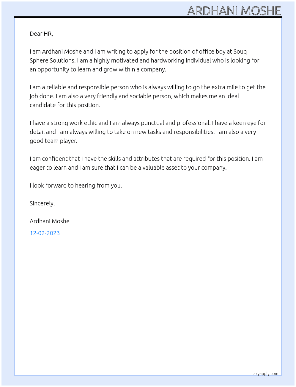 Office boy  At Souq Sphere Solutions Cover Letter