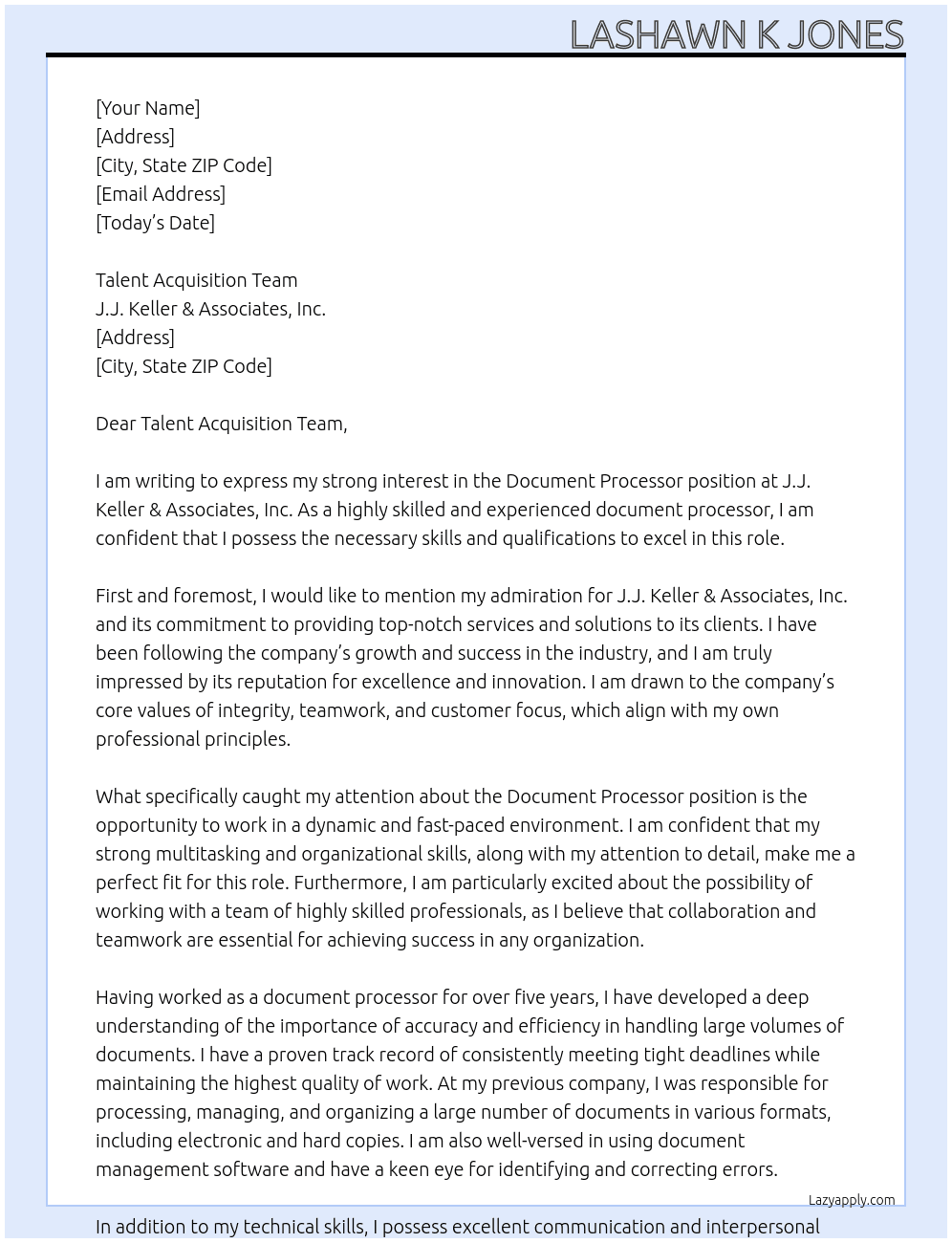 Document Processor At J.J. Keller & Associates, Inc. Cover Letter