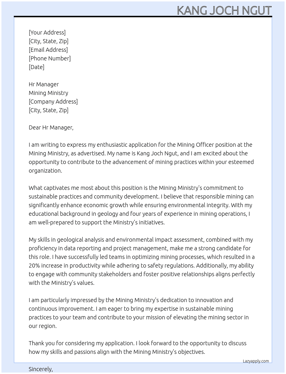 Mining officer At Mining ministry  Cover Letter
