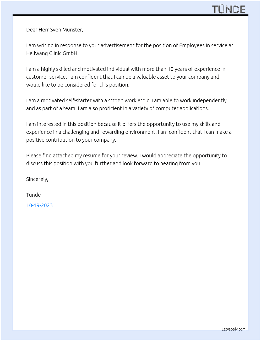Employees in service At Hallwang Clinic GmbH Cover Letter
