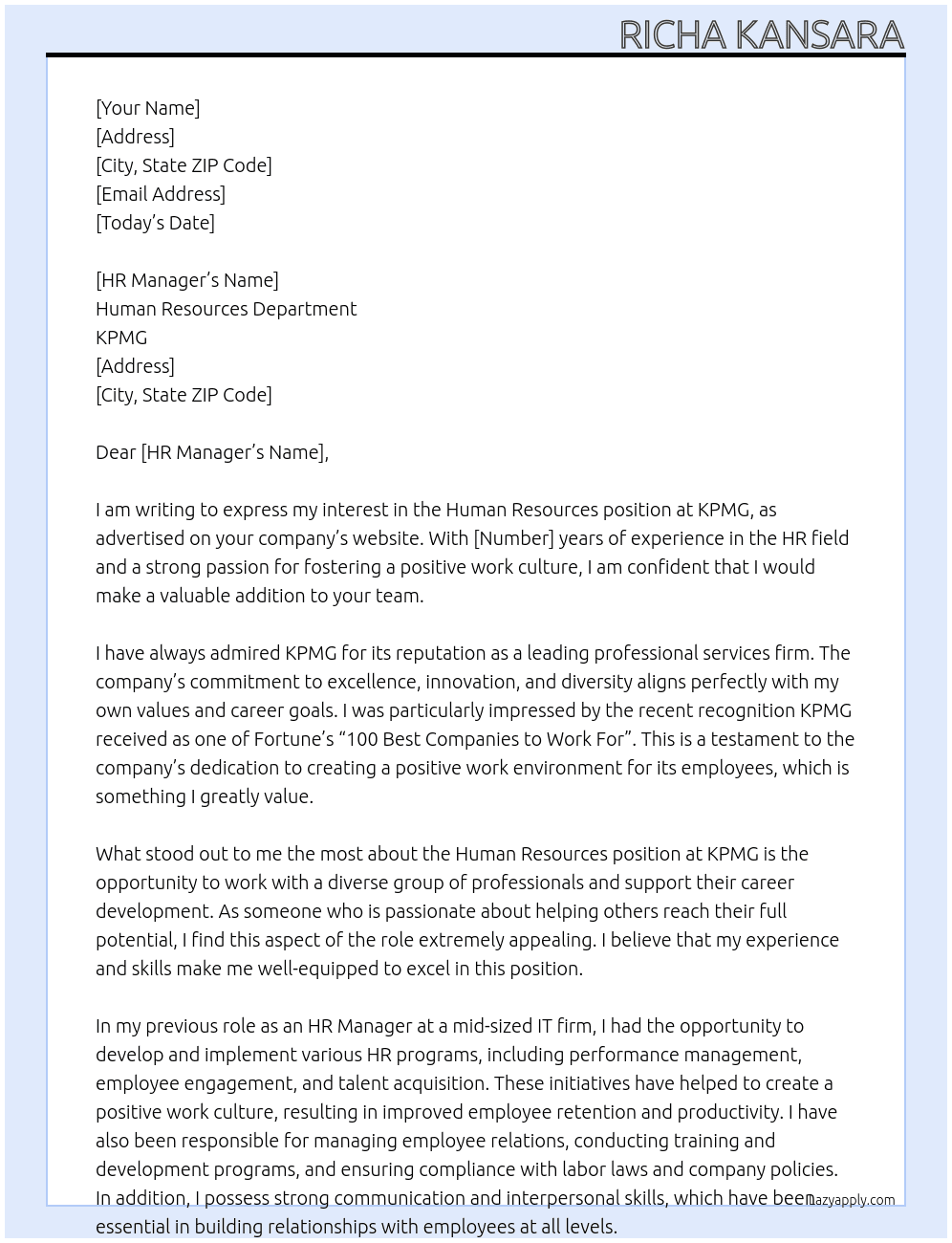 Human Resources At KPMG Cover Letter