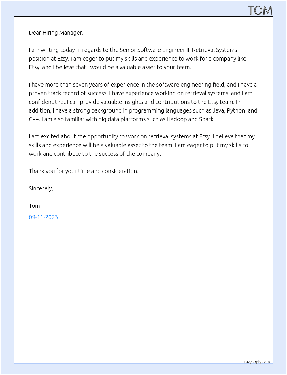 Senior Software Engineer II, Retrieval Systems At Etsy Cover Letter