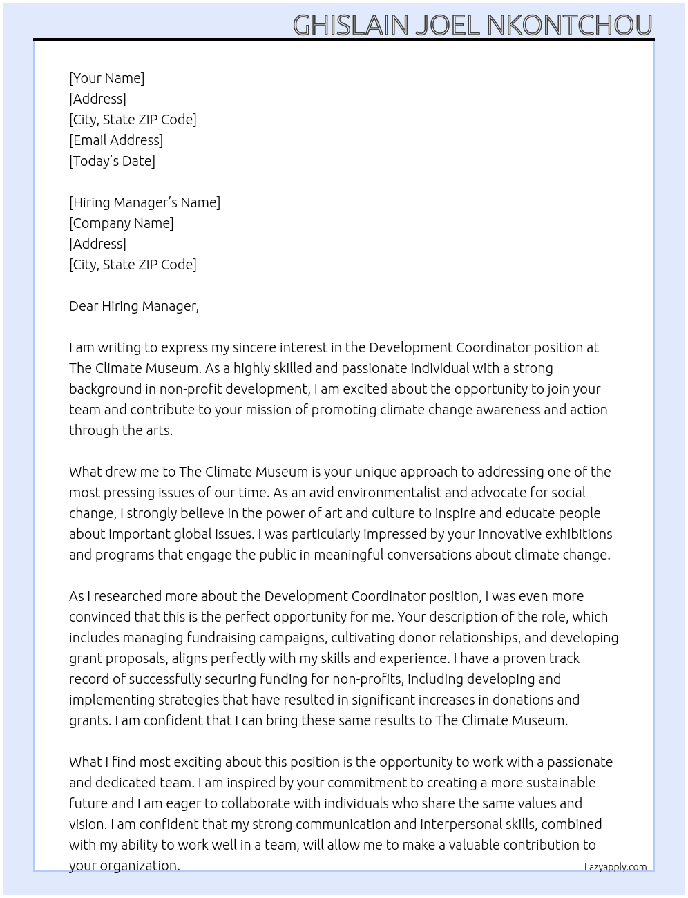 Development Coordinator At The Climate Museum Cover Letter