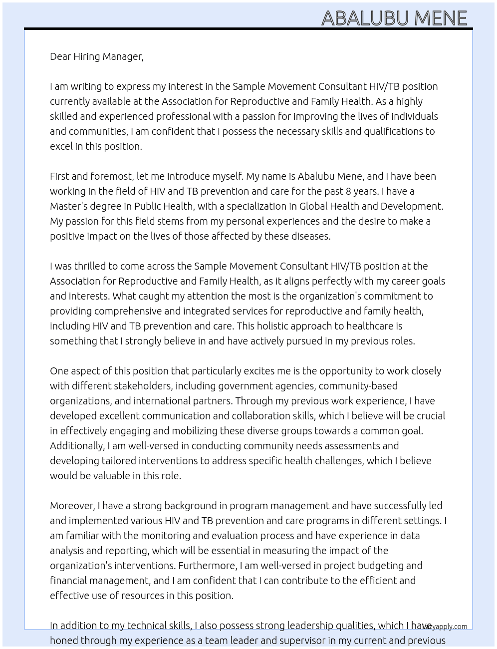 Sample Movement consultant HIV/TB  At Association for reproductive and family health  Cover Letter