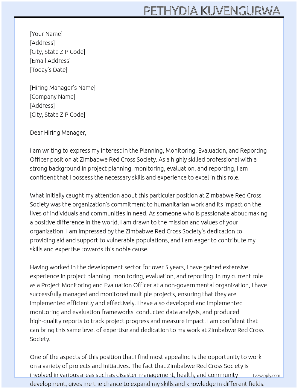 Planning, Monitoring,Evaluation and Reporting Officers  At  Zimbabwe Red Cross Society  Cover Letter