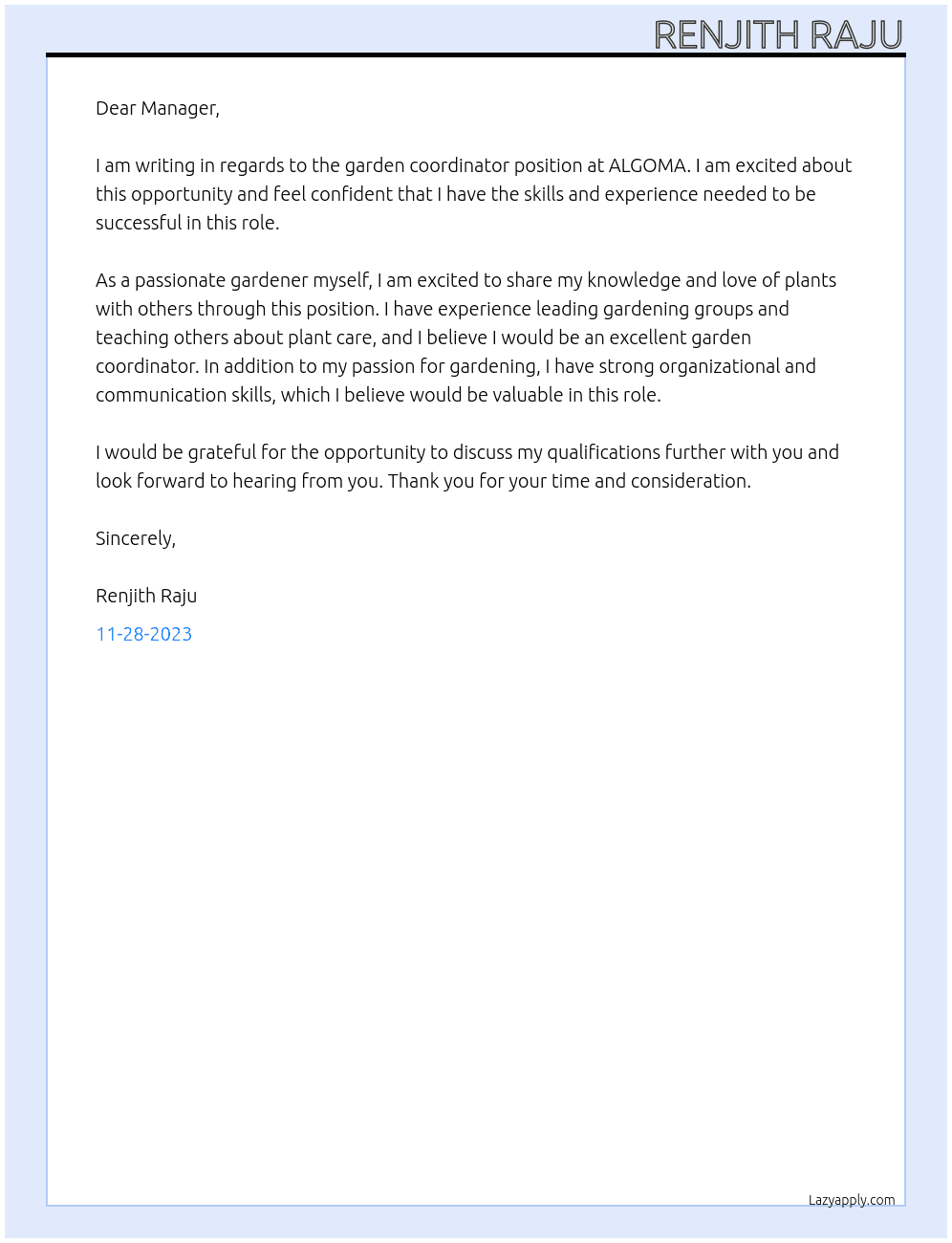 garden corodinator At ALGOMA Cover Letter