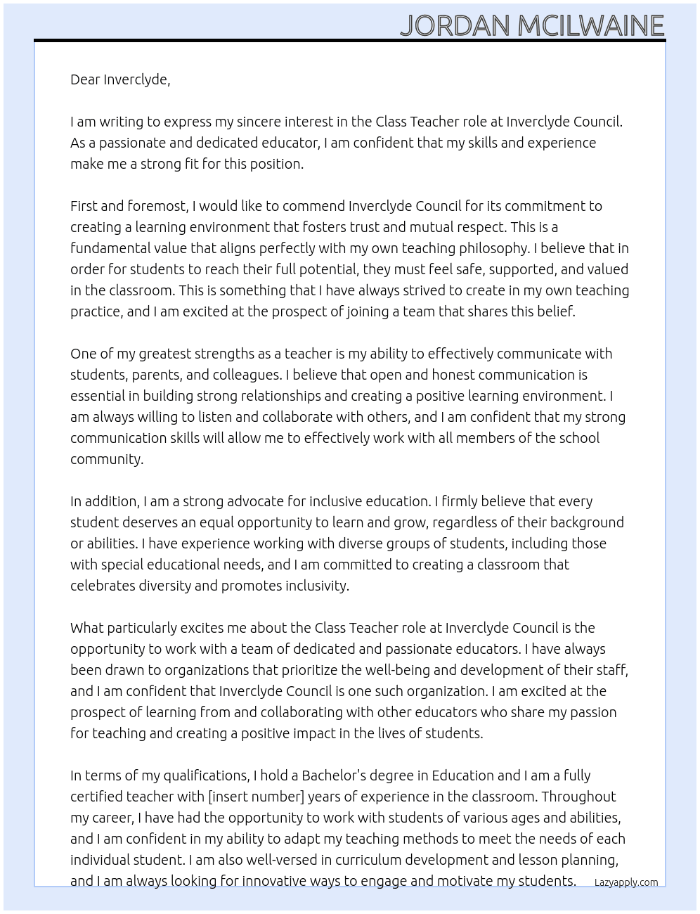 Class Teacher At Inverclyde Council Cover Letter