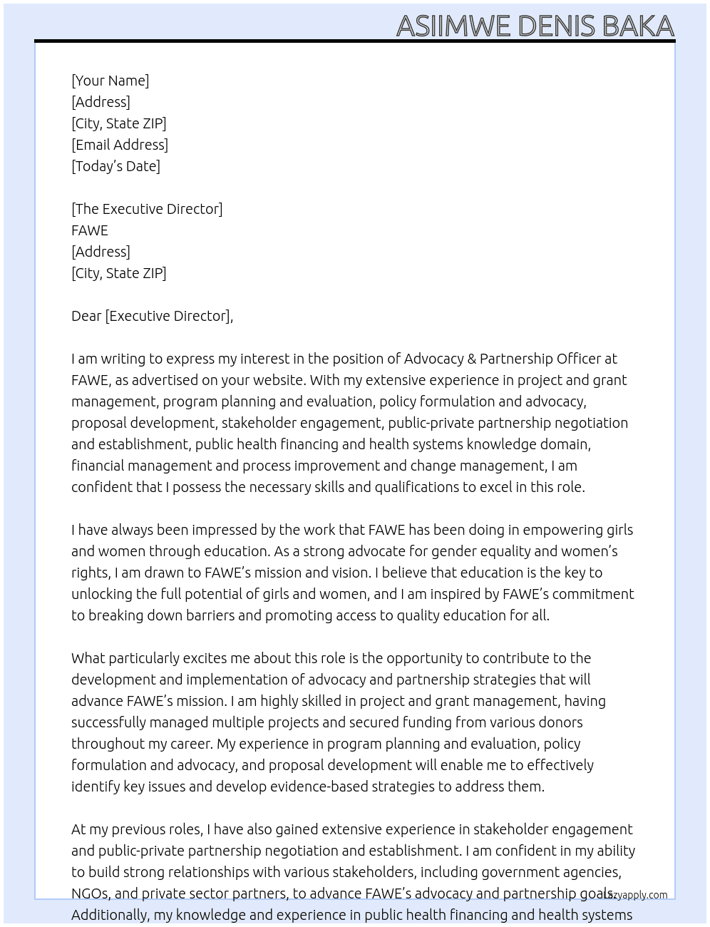 Advocacy & Partnership Officer At FAWE Cover Letter
