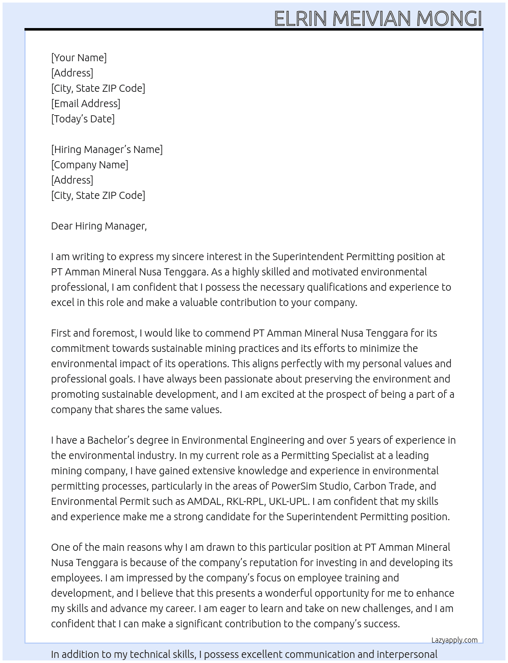 Superintendent Permitting At PT Amman Mineral Nusa Tenggara Cover Letter