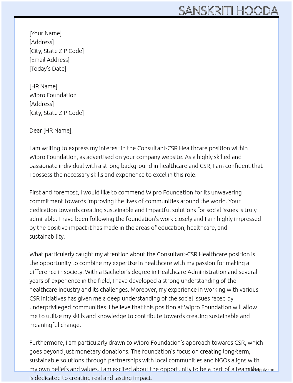 Consultant-CSR Healthcare At Wipro Foundation  Cover Letter